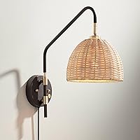 Barnes and Ivy Vega Modern Coastal Swing Arm Adjustable Wall Mounted Lamp Deep Bronze Brass Plug-in Light Fixture Natural Rattan Dome Shade for Bedroom Bedside House Reading Living Room Home