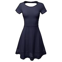 Women's Casual Cut Off Back with Lace Trim Short Sleeve Flare Dress