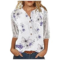 Womens Tops Summer 3/4 Sleeve Button Down Henley Neck Shirts Three Quarter Length Sleeve Tee Blouses Floral Tunics