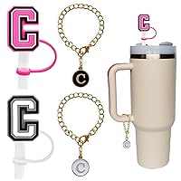 2PCS Straw Cover for Stanley Cup 30&40 Oz, 10mm Letter Straw Topper with 2PCS Personalized Letter Charms Name ID Initial Letter, Silicone Straw Tips Lids for Stanley Cup Accessories(2+2 Letter C)