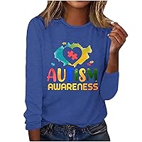 Women Funny Puzzle Love Heart Graphic Tee Tops Autism Awareness Letter T-Shirt Long Sleeve Crewneck Gift Blouse