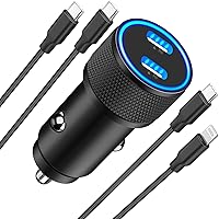 [Apple MFi Certified] iPhone 15 Car Charger Fast Charging, Linocell 72W USB-C Power Cigarette Lighter Charger+USB-C Braided Cable&Lightning Cable for iPhone 15/15 Pro/15 Pro Max/14/13/12/11/XS/XR/iPad