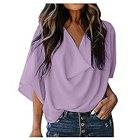 Cowl Neck Tops for Women 3/4 Sleeve Chiffon Shirts Blouses and Tops Dreesy Casual Soft Cmofy Shirt