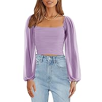 Wenrine Women's Summer Mesh Long Sleeve Tops Square Neck Ruched Party Club Casual Crop Blouse Shirt
