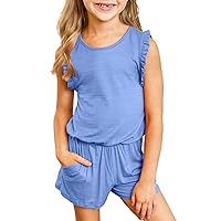 Dokotoo Girls Summer Crew Neck Romper Sleeveless Stretchy Short Jumpsuit Pants with Side Pockets