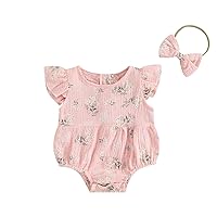 Newborn Baby Girl Romper Floral Ruffle Sleeveless Jumpsuit Cotton Bodysuit with Headband Summer Clothes Outfit