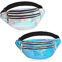 ONUPGO 2 Pieces Holographic Fanny Pack for Women Girls Men, Shiny Waist Bag Metallic Color Sport Waistbag Waterproof Hologram PU Waist Pack for Traveling, Running, Party