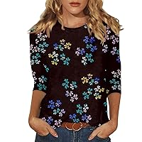 Womens Tops Boho Dressy Cute Blouses Crew Neck Floral Summer Shirts 3/4 Sleeve Loose Fit Casual Tops
