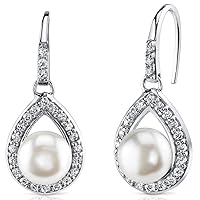 Peora Sterling Silver Freshwater Cultured White Pearl Pendant Necklace and Drop Earrings, Round Button Teardrop Design