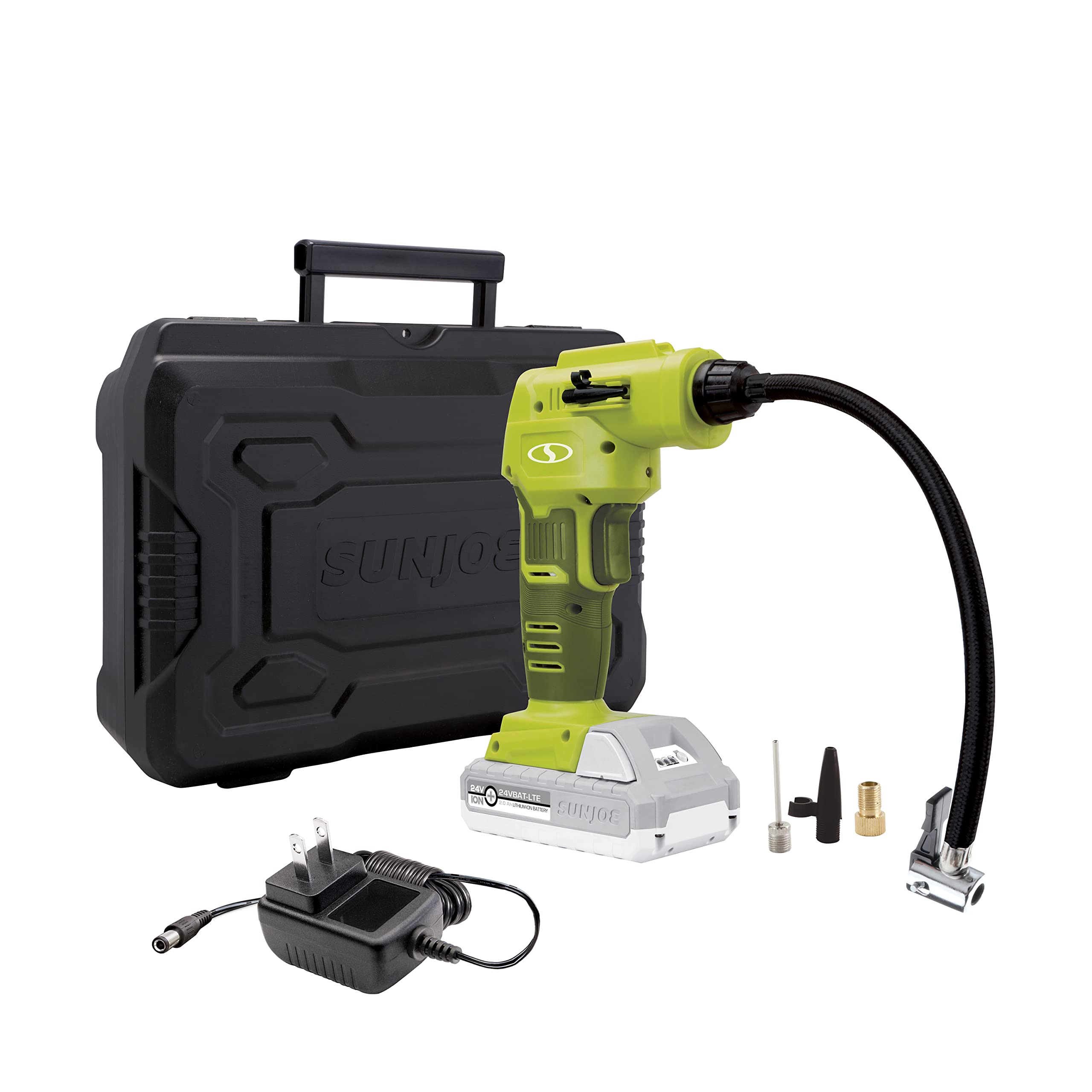 Auto Joe 24V-AJC1-LTE-P1 24-Volt IONMAX Cordless Portable Air Compressor Kit, w/ 2.0-Ah Battery, Charger, Storage Bag, and Nozzle Adapters & 24V-DD-CT Cordless 24-Position 2-Speed Drill Driver, Tool