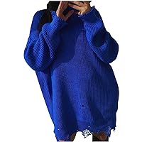 Women Ripped Sweaters Mid Length Oversized Jumper Drop Shoulder Long Sleeve Knit Sweater Knitted Pullover Tunic