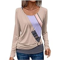 Women's Fashion Tshirts Long Sleeve Tops Geometric Patterns Shirts Round Neck Casual Tees Color Block Blouses T Shirts