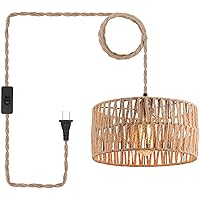 Coastal Woven Plug in Pendant Light with 14ft Handmade Woven Light Cord, Rustic Industrial Hemp Rope Hanging Lamp for Bedroom Kitchen Island Decor Farmhouse Living Room, Black