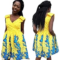 Women African Ankara Print Knee Length Dress with Side Pocket
