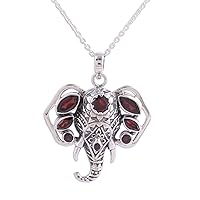 NOVICA Handmade .925 Sterling Silver Garnet Pendant Necklace Silver Ganesha from India Sterling Red Animal Themed Hinduism Religious Birthstone Bohemian Elephant 'Radiant Ganesha'