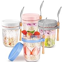 Glass Overnight Oats Containers with Lids and Spoon, 16oz Wide Mouth Mason Jars for Overnight Oats, Cereal, Yogurt, Salad Lunch Container with Measurement Marks - MultiColor 4 Pack