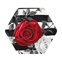Black White Stripes Red Rose Flowers Print Leather Coasters Drink Coasters Set of 4 Waterproof Insulated Coaster Mug Cup Mat Pad for Kitchen Office Coffee Table Home Decor
