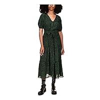 Michael Kors Womens Green Tie Pleated Printed Short Sleeve Surplice Neckline Tea-Length Shirt Dress XXS