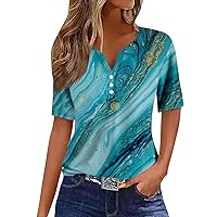 Blouses for Women Fashion Graphic Tops V Neck Button Down Short Sleeve T-Shirts Spring Lightweight Casual Tees Tunic