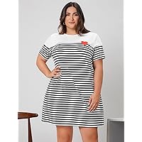 Plus Women's Dress Plus Heart Embroidery Striped Print Dress (Color : Black and White, Size : XX-Large)