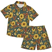 visesunny Toddler Boys 2 Piece Outfit Button Down Shirt and Short Sets Retro Sunflower with Leaf Boy Summer Outfits
