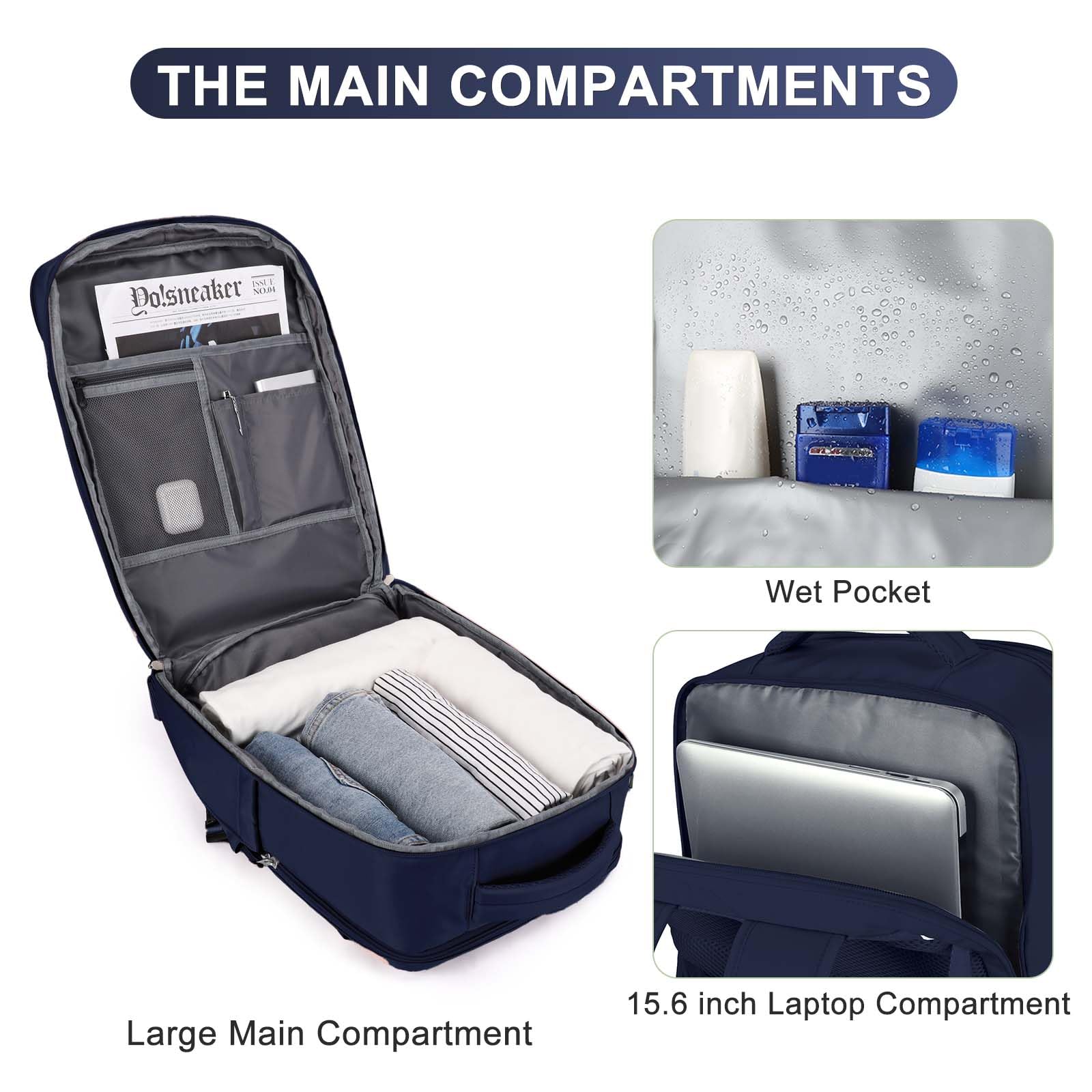 Laptop Travel Backpack For Women Men Airline Approved Carry On Bags For Airplanes Underseat Luggage Backpack For Traveling On Airplane Personal Item Travel Bag For Airlines Travel Essentials Navy Blue