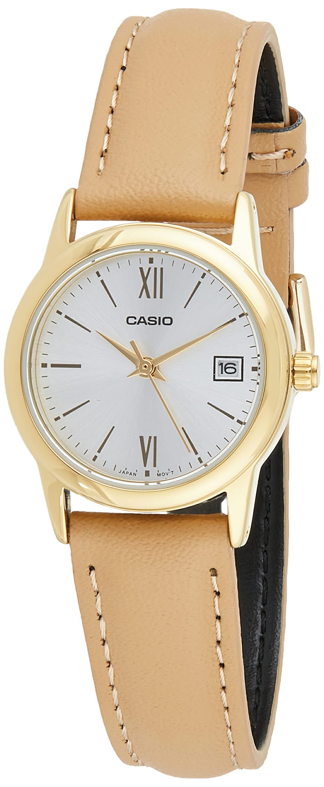 Casio LTP-V002GL-7B3 Women's Gold Tone Brown Leather Band Silver Date Dial Watch