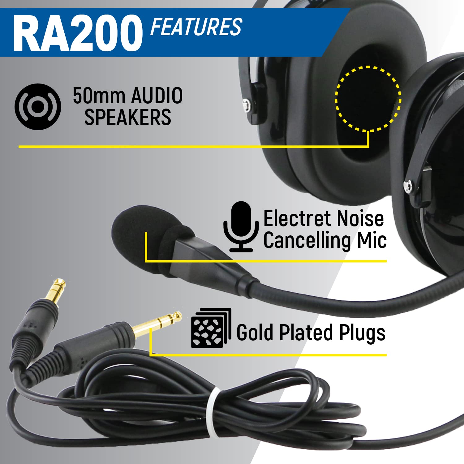 Rugged Air RA200 General Aviation Headset for Student Pilots – Features Passive Noise Reduction Adjustable Headband Full Flex Mic Boom and Headset Bag