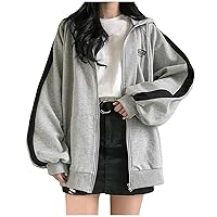 Womens Zip Up Hoodie Vintage Oversize Solid Hoodies Y2k 2000s Baggy Sweatshirts Trendy Tops for Teen Girls Gothic Clothes A Grey