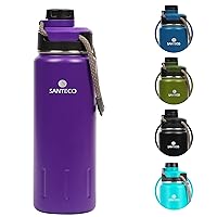 Insulated Water Bottles 24 oz, Santeco Stainless Steel Bottle with Lanyard & Wide Mouth Spout Lid, Leak Proof, Double Wall Vacuum Water Bottle, Keep Drinks Hot & Cold for Hiking Camping