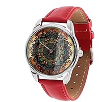 Gold Pattern Red Band Unisex Wrist Watch, Quartz Analog Watch with Leather Band
