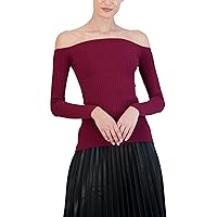 BCBGMAXAZRIA Women's Fitted Ribbed Sweater Off The Shoulder Long Sleeve Sculpted Neck Top