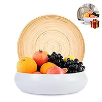 Spun Bamboo Decorative Fruit Bowl with Bonus Charger - Large Serving Bowl, Kitchen Basket, Home Decor, Spun Bamboo Kitchen Counter Bowl (White)