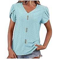 Women Fashion Textured Petal Short Sleeve Eyelet Tops Summer Button Decoration Casual V Neck Solid Pullover T-Shirts