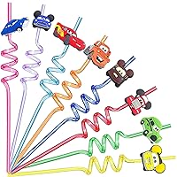 24Pcs Lightning Cars Party Supplies Reusable Drinking Straws Cartoon Theme Party Favor Straws Decorations For Girls Boys Birthday Party With 2 Cleaning Brushes…
