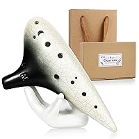 Ocarina 12 Hole Tones Alto C with Gift Wrapping Display Stand Neck Cord Protective Cover Song Book Masterpiece Collectible Music Instrument Gift Idea For Kids Musician(Black with White)