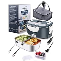 Buddew Electric Lunch Box 80W Food Heater for Adults, 12/24/110V Portable Lunch Warmer Upgraded Heated Lunch Box for Car/Truck/Office with SS Fork&Spoon and Insulated Carry Bag (White)