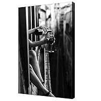 Black And White Framed Wall Art-Woman Drinking Wine in the Window Poster For Preppy Girls Room Decor-Trendy Feminist Canvas Print Picture For Teen Bar Cart Decor