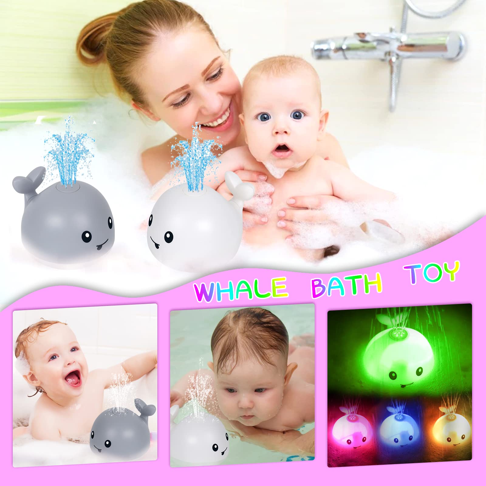 AOLIGE Baby Light Up Bath Toys for Kids （2pcs） Whale Bath Toy Sprinkler Induction Sprinkler Bathtub Toys (2PCS White & Grey Whale)