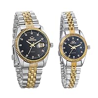 Jusqarven Luxury Couple Watch Rhinestone for Him and Her Pair Watch Set Stainless Steel Wrist Watch with Calendar Luminous Hands