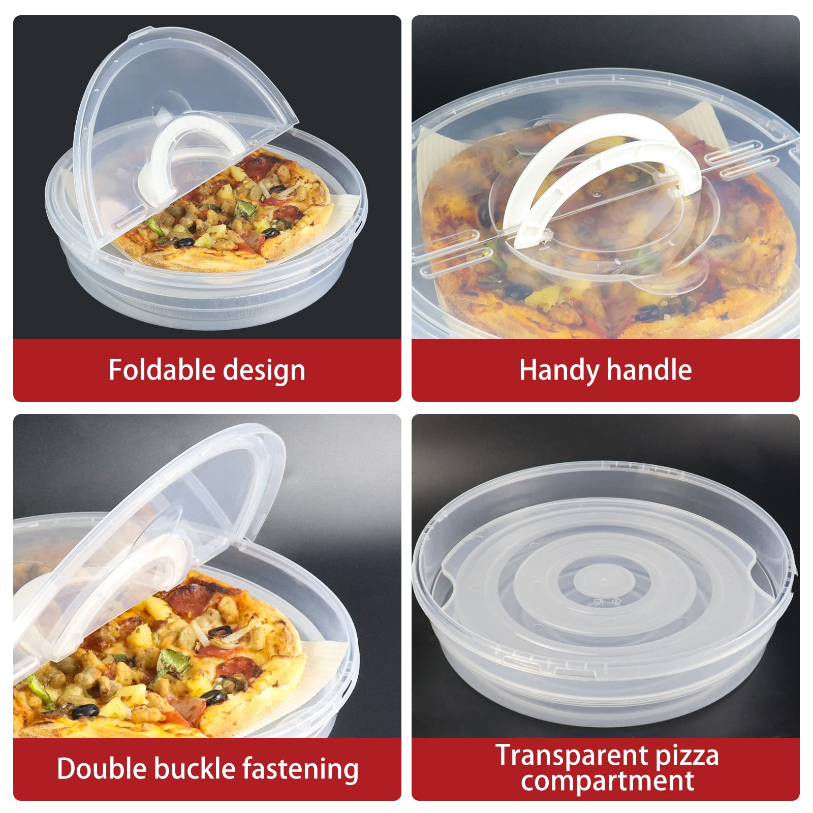 ERTIUANIO 2 Pack 12 In Pizza Food Storage Container with Lid and Handle, 2 Compartments Pizza Slice Storage Container with Foil Pie Pan, Round Pie container for Cake Cheesecake Tortilla Pastry