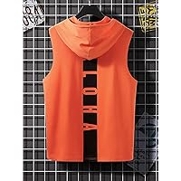 Men's T-Shirts Men Color Block Letter Graphic Drawstring Hooded Tank Top (Color : Orange, Size : Large)