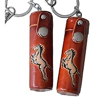 A Pair Set (2 Pieces) ChapStick, Toothpick Holder, Pills Case, Handmade by Genuine Leather, Running Horse Patter (Brown)