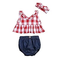 ACSUSS Infant Baby Girls Ruffled Red Plaid Tops with Denim Bloomers Bowknot Headband Outfits Set