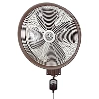 HydroMist Oscillating Wall Mounted Outdoor-Rated Fan, 3-Speed Cord Control, Hard Resin Mold-Resistant Fan Blade with Mounting Bracket and Black Vinyl Cover, Very Quiet Running, 18”, Dark Brown