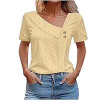 Eyelet Embroidery Tops for Women 2024 Summer Dressy Casual Blouses V Neck Button Up Short Sleeve Trendy Soft T Shirts