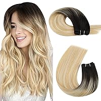 Moresoo Weft Human Hair Extensions Balayage Remy Hair Extensions Weft Sew in Human Hair Ombre Darkest Brown to Caramel Blonde with Blonde Hair Extensions Real Human Hair Sew ins 20inch 100g