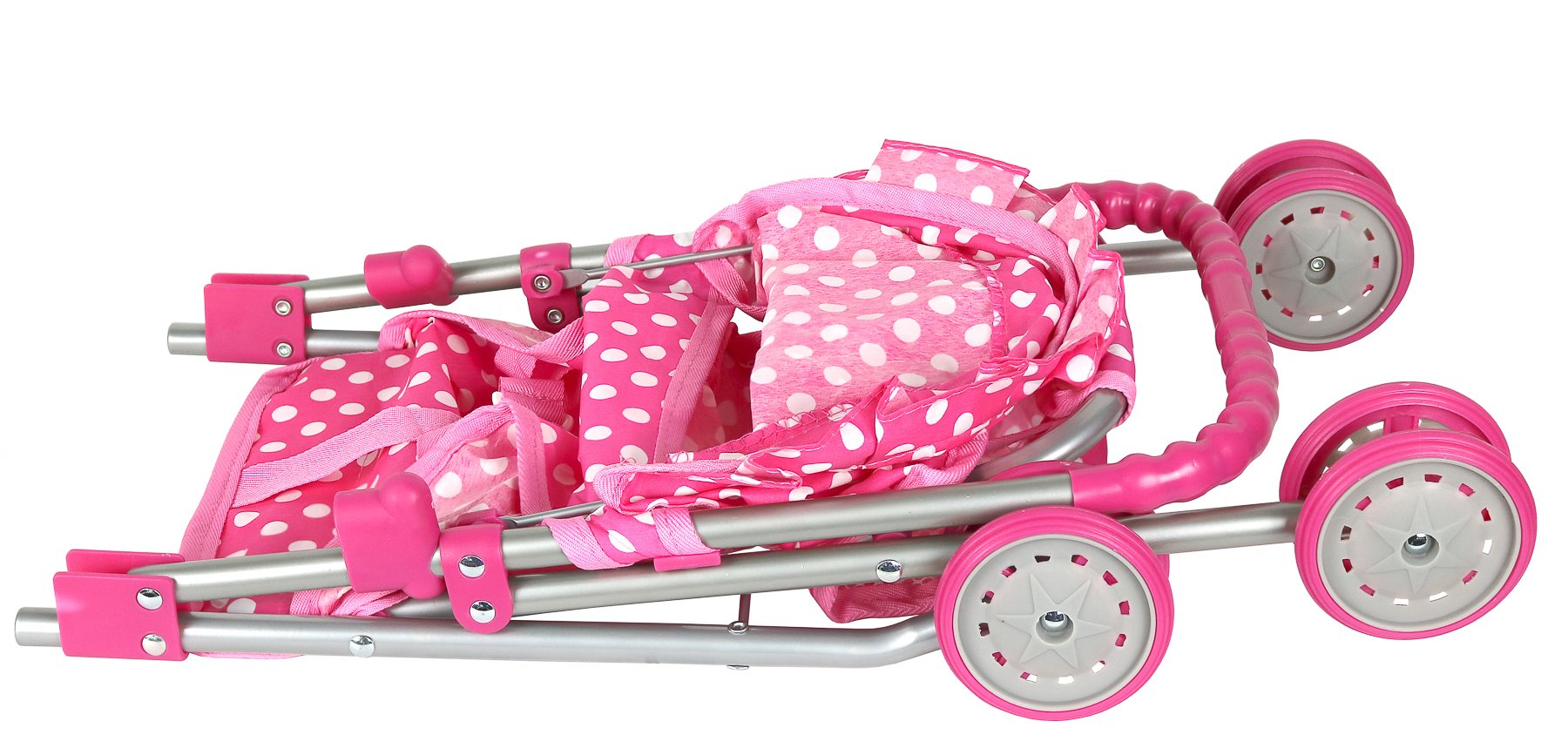 Precious Toys Baby Doll Stroller, Pink & White Polka Dots Baby Stroller for Dolls, Foldable with Hood and Basket, Toy Stroller for Baby Dolls, Doll Strollers for Girls 2 Years Old and Older, Toddlers