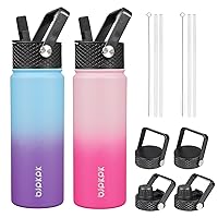 BJPKPK 2 Pack Insulated Water Bottles with Straw Lids, 22oz Stainless Steel Metal Water Bottle with 6 Lids, Leak Proof BPA Free Thermos, Cups, Flasks for Travel, Sports (Sakura+Ocean Dream)