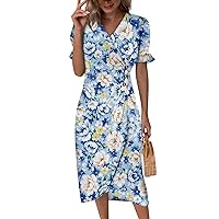 Dresses for Women Summer Summer Dresses for Women, 2024 Spring Summer Fashion Side Button Floral Dress, Short Sleeve V Neck Splice Dresses Blue Large